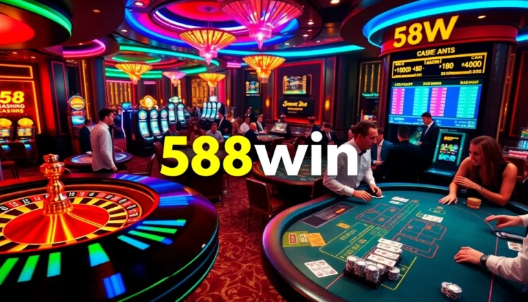 Excited players at the 58win casino enjoying table games and slot machines.