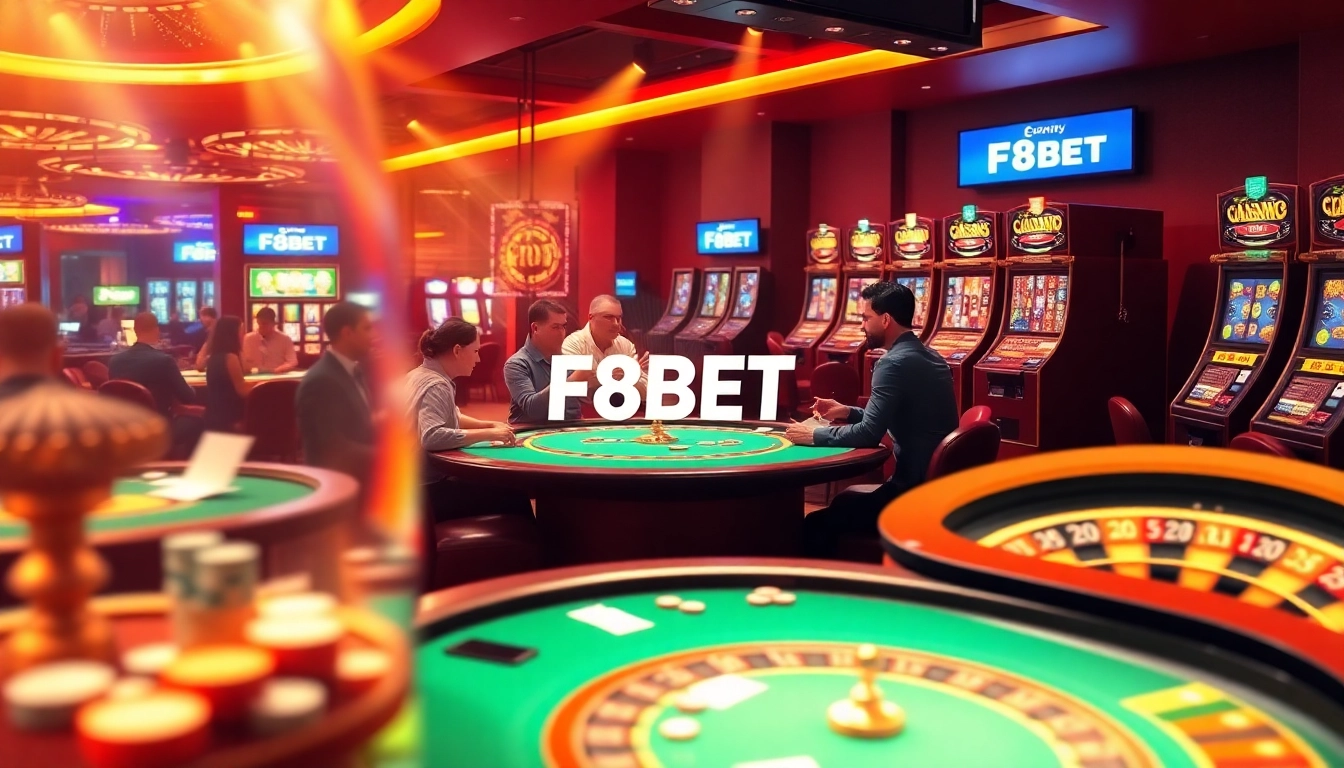 Explore the vibrant thrilling experience with F8BET at a busy casino table filled with excited players and gaming action.