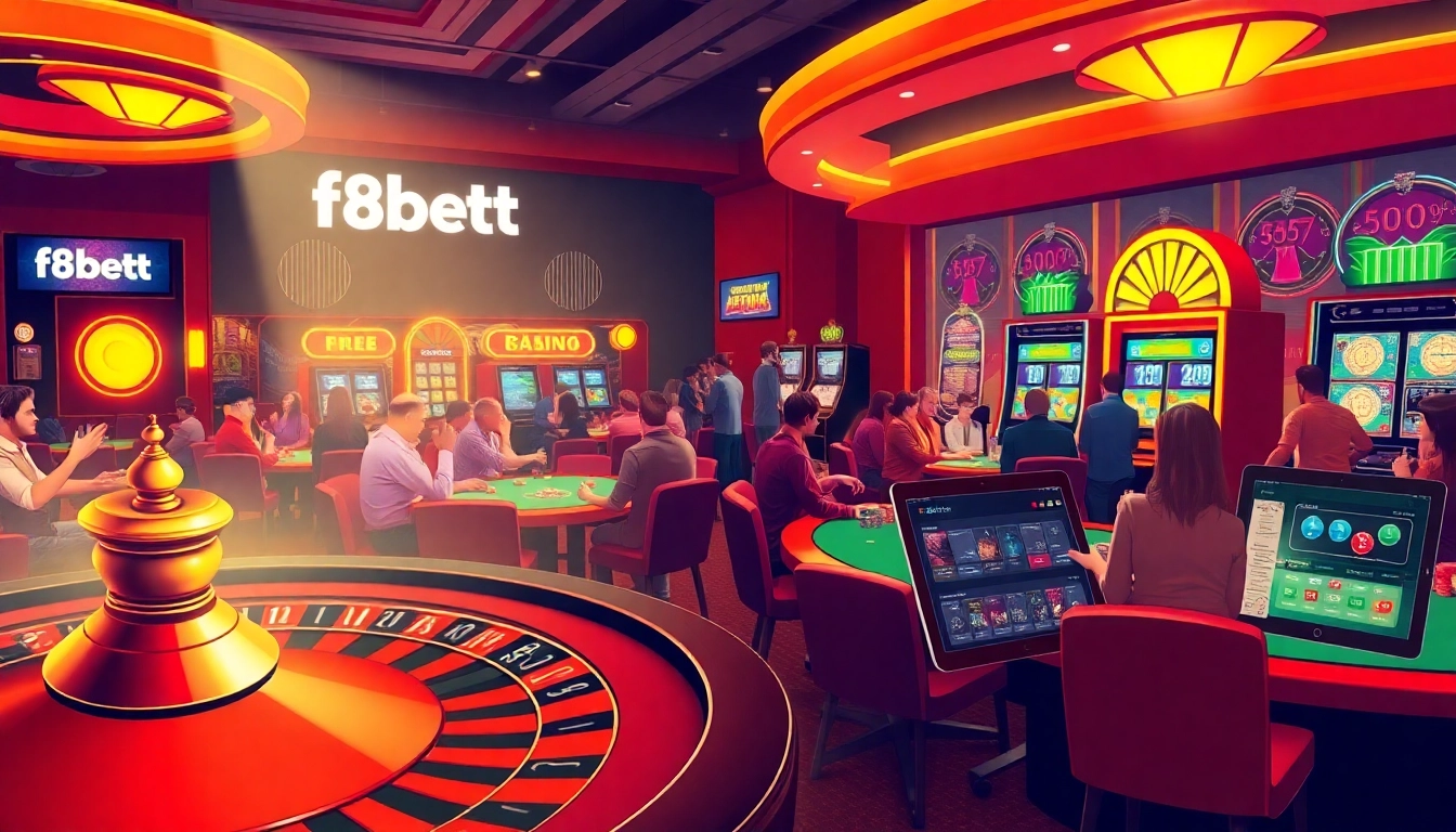 Experience the thrill at F8BET with players enjoying poker, roulette, and vibrant slots.