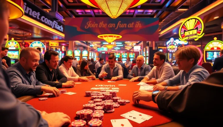 Experience the thrill of Okwin's lively poker table, where players engage in high-stakes action amid vibrant casino lights.